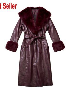 Faux Leather Coat with Faux Fur Trim, Belted Long Coat